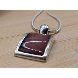 Vintage KC Marked Brick Red Resin Pendant on Silver Tone Snake Chain Necklace